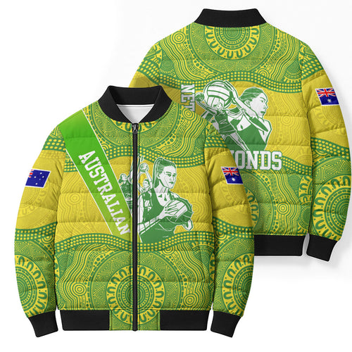 Australian Diamonds Netball Bomber Puffer Jacket Indigenous Aboriginal Art Style Dot Pattern Graphics