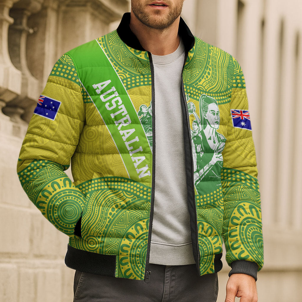 Australian Diamonds Netball Bomber Puffer Jacket Indigenous Aboriginal Art Style Dot Pattern Graphics