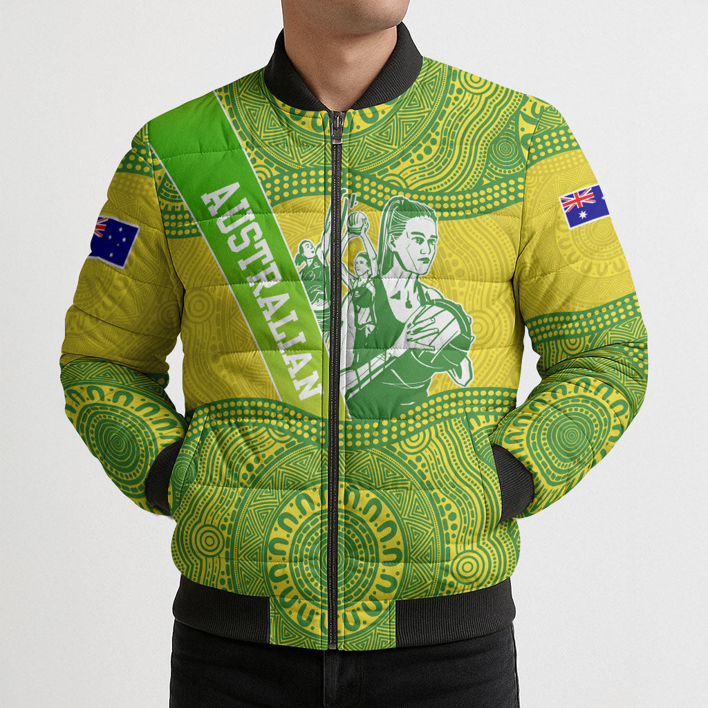 Australian Diamonds Netball Bomber Puffer Jacket Indigenous Aboriginal Art Style Dot Pattern Graphics