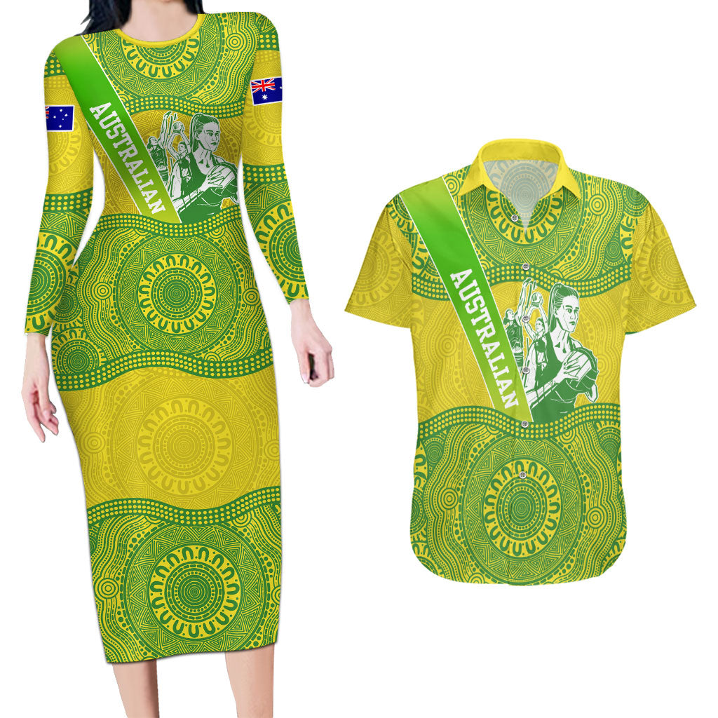 Australian Diamonds Netball Couples Matching Long Sleeve Bodycon Dress and Hawaiian Shirt Indigenous Aboriginal Art Style Dot Pattern Graphics