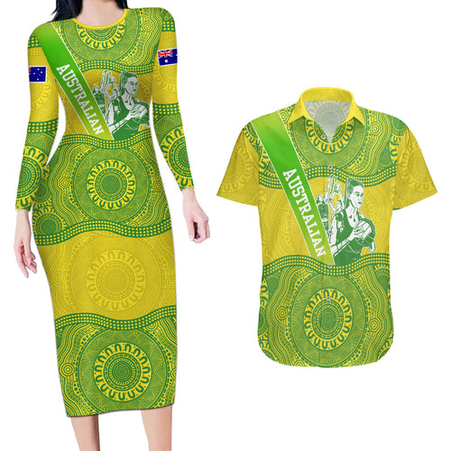 Australian Diamonds Netball Couples Matching Long Sleeve Bodycon Dress and Hawaiian Shirt Indigenous Aboriginal Art Style Dot Pattern Graphics