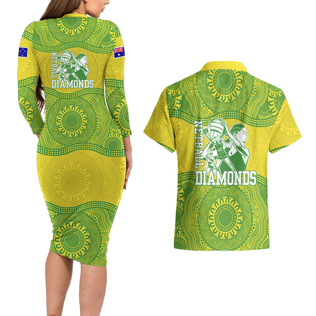 Australian Diamonds Netball Couples Matching Long Sleeve Bodycon Dress and Hawaiian Shirt Indigenous Aboriginal Art Style Dot Pattern Graphics