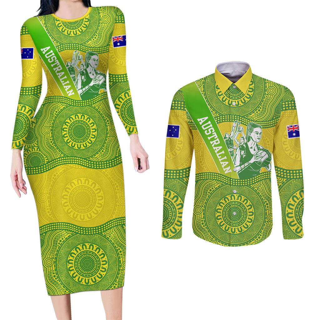 Australian Diamonds Netball Couples Matching Long Sleeve Bodycon Dress and Long Sleeve Button Shirt Indigenous Aboriginal Art Style Dot Pattern Graphics