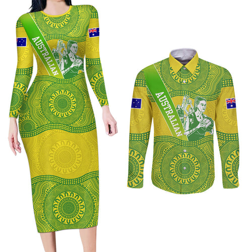 Australian Diamonds Netball Couples Matching Long Sleeve Bodycon Dress and Long Sleeve Button Shirt Indigenous Aboriginal Art Style Dot Pattern Graphics