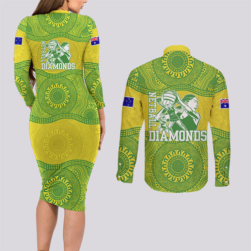 Australian Diamonds Netball Couples Matching Long Sleeve Bodycon Dress and Long Sleeve Button Shirt Indigenous Aboriginal Art Style Dot Pattern Graphics
