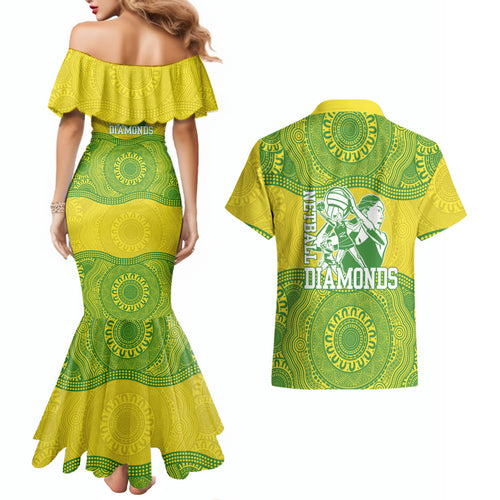 Australian Diamonds Netball Couples Matching Mermaid Dress and Hawaiian Shirt Indigenous Aboriginal Art Style Dot Pattern Graphics