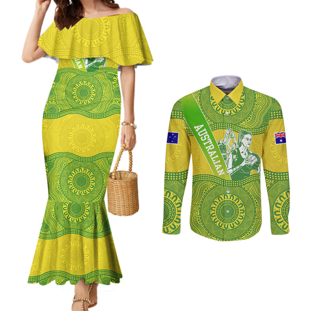 Australian Diamonds Netball Couples Matching Mermaid Dress and Long Sleeve Button Shirt Indigenous Aboriginal Art Style Dot Pattern Graphics