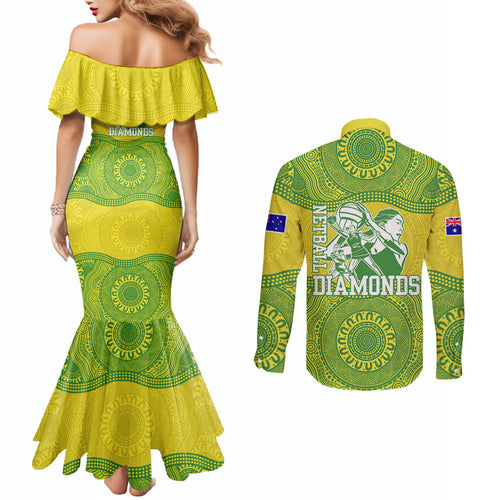 Australian Diamonds Netball Couples Matching Mermaid Dress and Long Sleeve Button Shirt Indigenous Aboriginal Art Style Dot Pattern Graphics