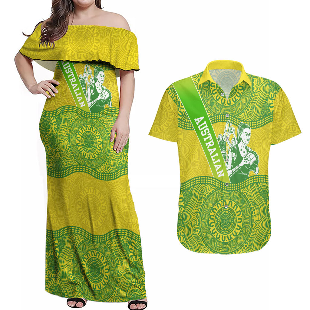 Australian Diamonds Netball Couples Matching Off Shoulder Maxi Dress and Hawaiian Shirt Indigenous Aboriginal Art Style Dot Pattern Graphics