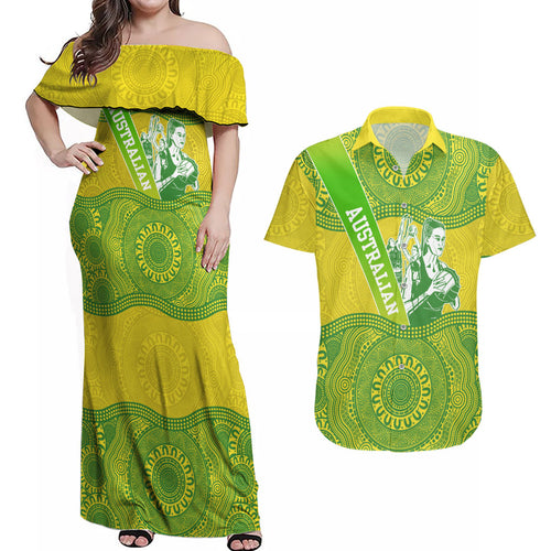 Australian Diamonds Netball Couples Matching Off Shoulder Maxi Dress and Hawaiian Shirt Indigenous Aboriginal Art Style Dot Pattern Graphics