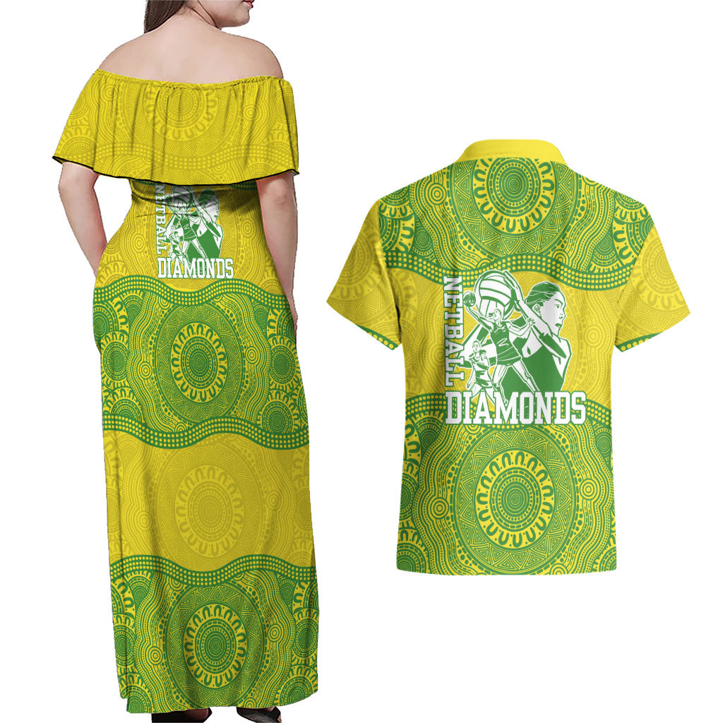 Australian Diamonds Netball Couples Matching Off Shoulder Maxi Dress and Hawaiian Shirt Indigenous Aboriginal Art Style Dot Pattern Graphics