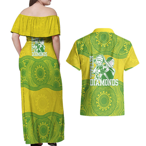 Australian Diamonds Netball Couples Matching Off Shoulder Maxi Dress and Hawaiian Shirt Indigenous Aboriginal Art Style Dot Pattern Graphics