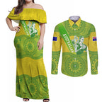 Australian Diamonds Netball Couples Matching Off Shoulder Maxi Dress and Long Sleeve Button Shirt Indigenous Aboriginal Art Style Dot Pattern Graphics