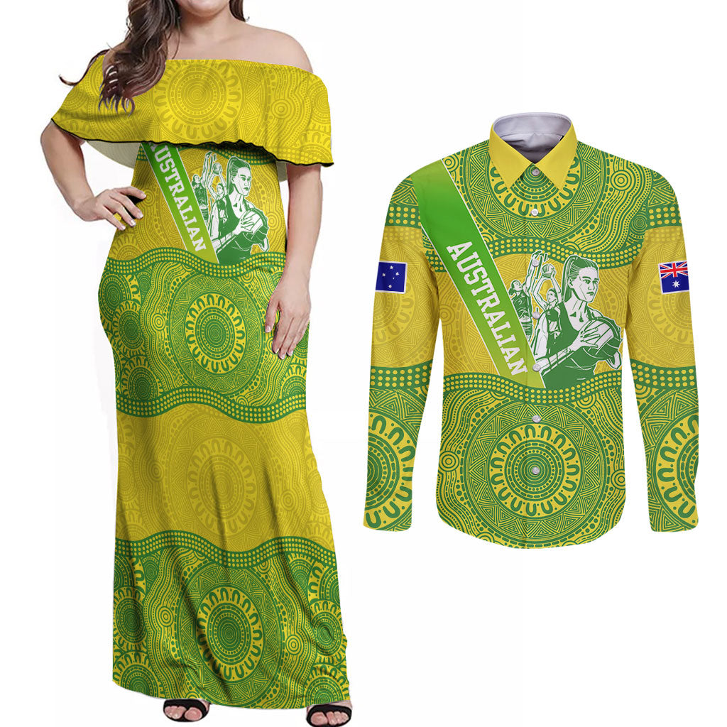 Australian Diamonds Netball Couples Matching Off Shoulder Maxi Dress and Long Sleeve Button Shirt Indigenous Aboriginal Art Style Dot Pattern Graphics