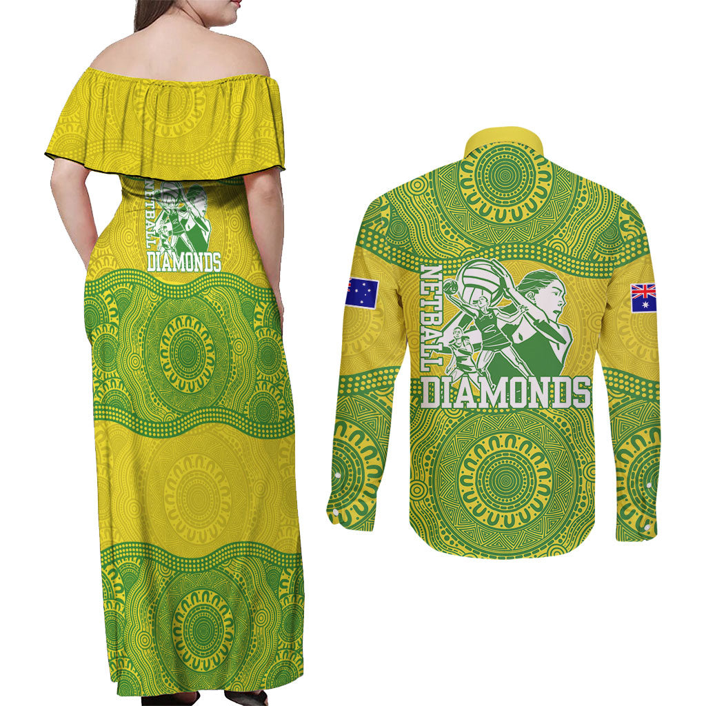 Australian Diamonds Netball Couples Matching Off Shoulder Maxi Dress and Long Sleeve Button Shirt Indigenous Aboriginal Art Style Dot Pattern Graphics