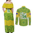 Australian Diamonds Netball Couples Matching Off Shoulder Maxi Dress and Long Sleeve Button Shirt Indigenous Aboriginal Art Style Dot Pattern Graphics