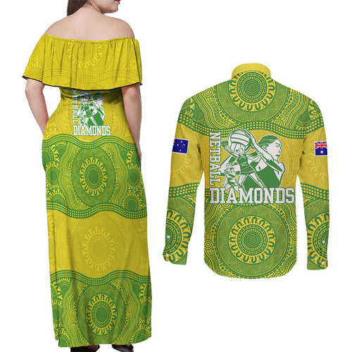 Australian Diamonds Netball Couples Matching Off Shoulder Maxi Dress and Long Sleeve Button Shirt Indigenous Aboriginal Art Style Dot Pattern Graphics