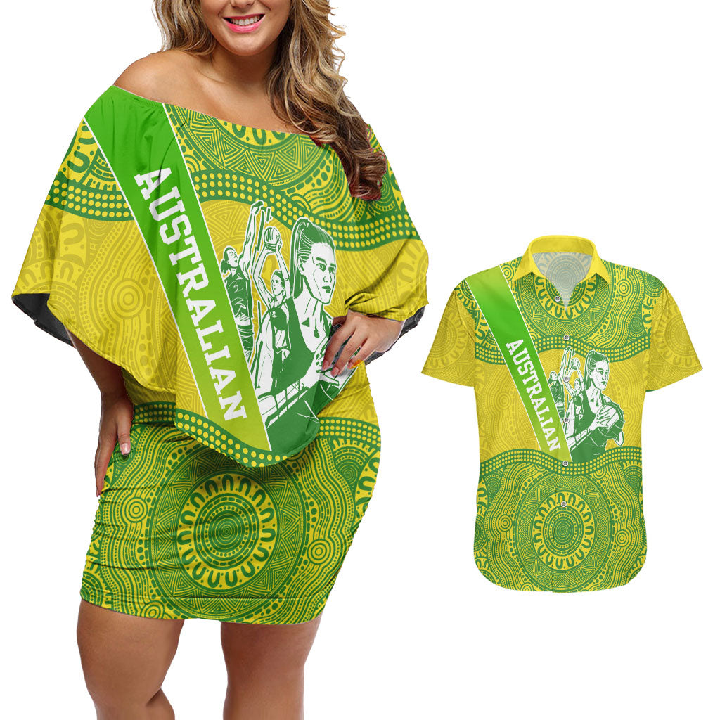 Australian Diamonds Netball Couples Matching Off Shoulder Short Dress and Hawaiian Shirt Indigenous Aboriginal Art Style Dot Pattern Graphics