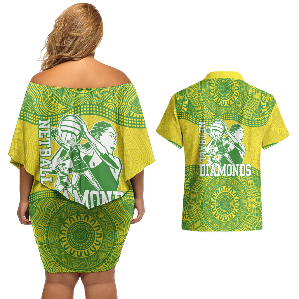 Australian Diamonds Netball Couples Matching Off Shoulder Short Dress and Hawaiian Shirt Indigenous Aboriginal Art Style Dot Pattern Graphics