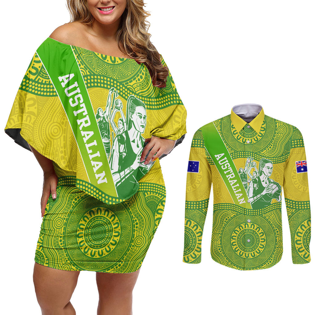 Australian Diamonds Netball Couples Matching Off Shoulder Short Dress and Long Sleeve Button Shirt Indigenous Aboriginal Art Style Dot Pattern Graphics