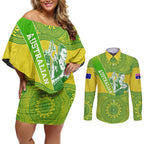 Australian Diamonds Netball Couples Matching Off Shoulder Short Dress and Long Sleeve Button Shirt Indigenous Aboriginal Art Style Dot Pattern Graphics