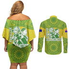 Australian Diamonds Netball Couples Matching Off Shoulder Short Dress and Long Sleeve Button Shirt Indigenous Aboriginal Art Style Dot Pattern Graphics