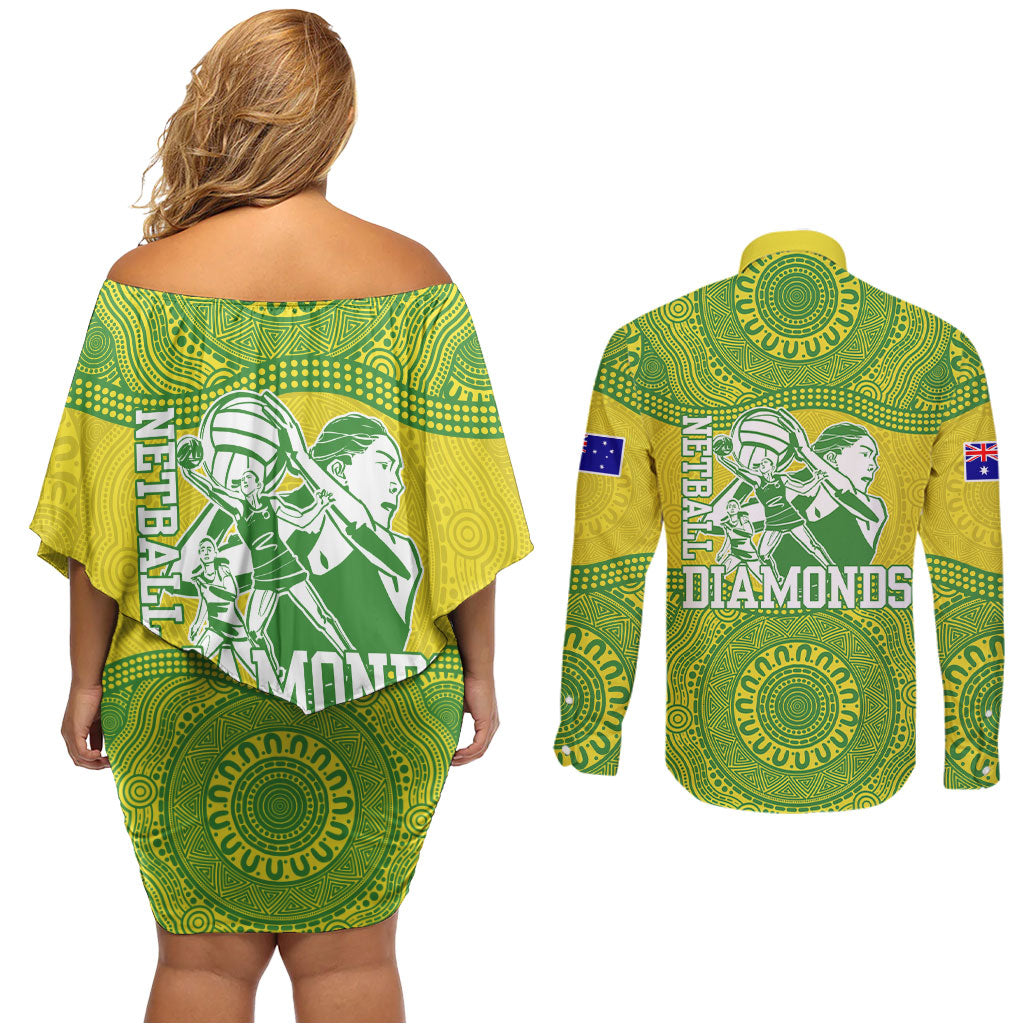 Australian Diamonds Netball Couples Matching Off Shoulder Short Dress and Long Sleeve Button Shirt Indigenous Aboriginal Art Style Dot Pattern Graphics
