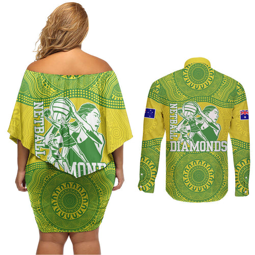 Australian Diamonds Netball Couples Matching Off Shoulder Short Dress and Long Sleeve Button Shirt Indigenous Aboriginal Art Style Dot Pattern Graphics