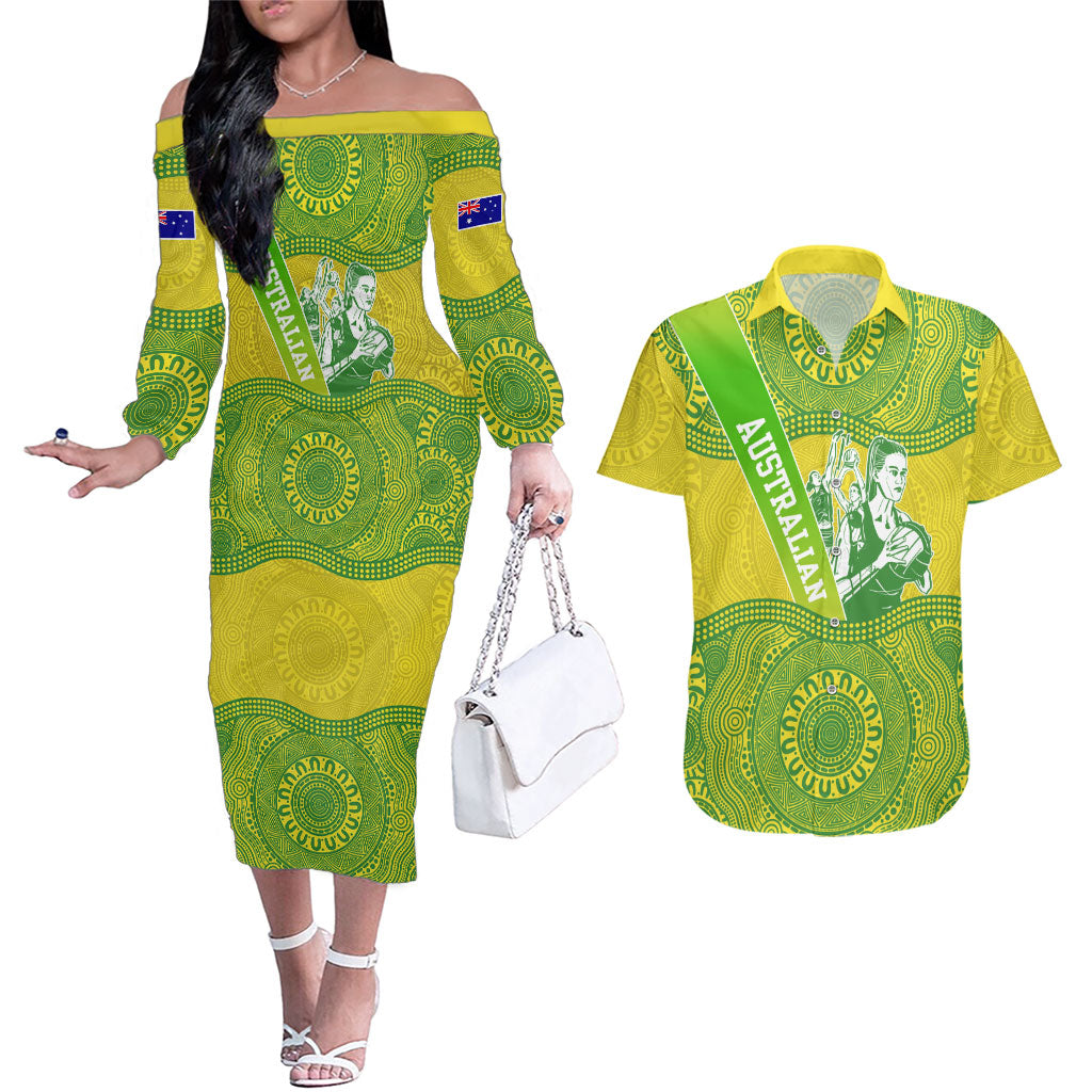 Australian Diamonds Netball Couples Matching Off The Shoulder Long Sleeve Dress and Hawaiian Shirt Indigenous Aboriginal Art Style Dot Pattern Graphics