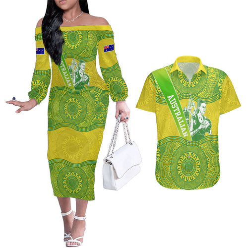 Australian Diamonds Netball Couples Matching Off The Shoulder Long Sleeve Dress and Hawaiian Shirt Indigenous Aboriginal Art Style Dot Pattern Graphics