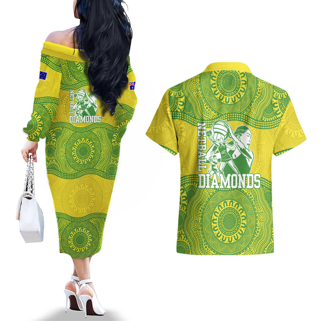Australian Diamonds Netball Couples Matching Off The Shoulder Long Sleeve Dress and Hawaiian Shirt Indigenous Aboriginal Art Style Dot Pattern Graphics