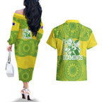 Australian Diamonds Netball Couples Matching Off The Shoulder Long Sleeve Dress and Hawaiian Shirt Indigenous Aboriginal Art Style Dot Pattern Graphics