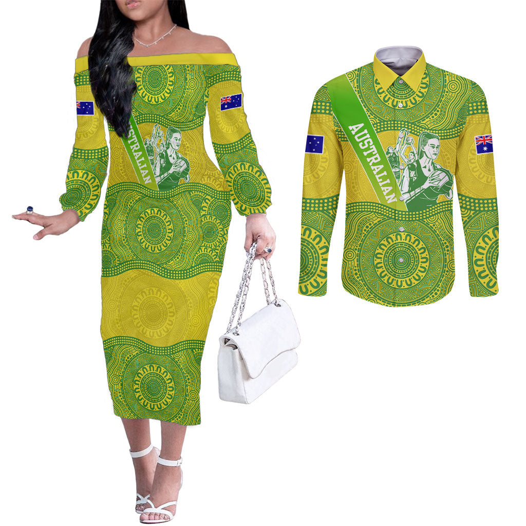 Australian Diamonds Netball Couples Matching Off The Shoulder Long Sleeve Dress and Long Sleeve Button Shirt Indigenous Aboriginal Art Style Dot Pattern Graphics