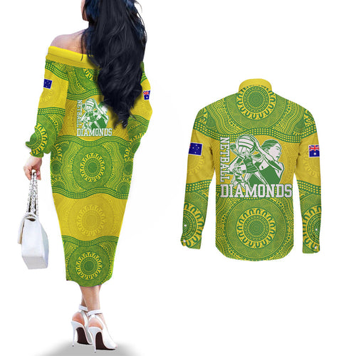 Australian Diamonds Netball Couples Matching Off The Shoulder Long Sleeve Dress and Long Sleeve Button Shirt Indigenous Aboriginal Art Style Dot Pattern Graphics