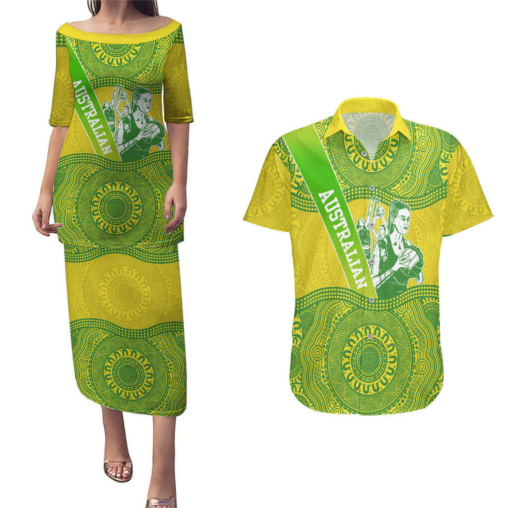 Australian Diamonds Netball Couples Matching Puletasi and Hawaiian Shirt Indigenous Aboriginal Art Style Dot Pattern Graphics