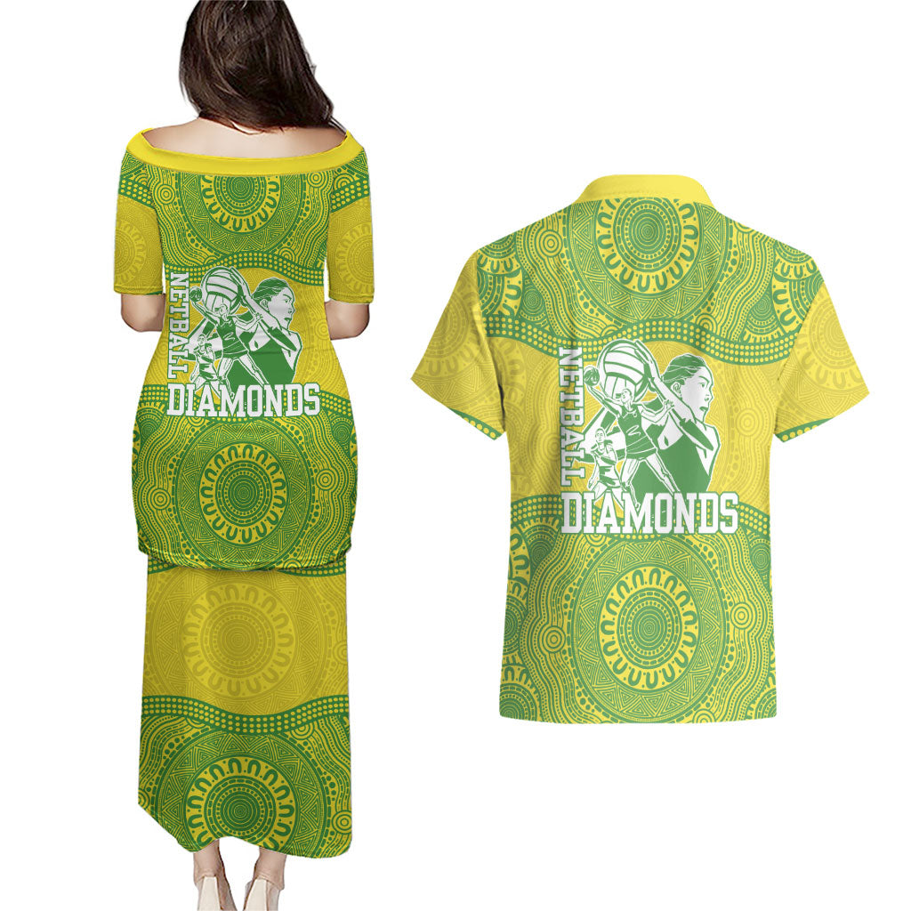 Australian Diamonds Netball Couples Matching Puletasi and Hawaiian Shirt Indigenous Aboriginal Art Style Dot Pattern Graphics