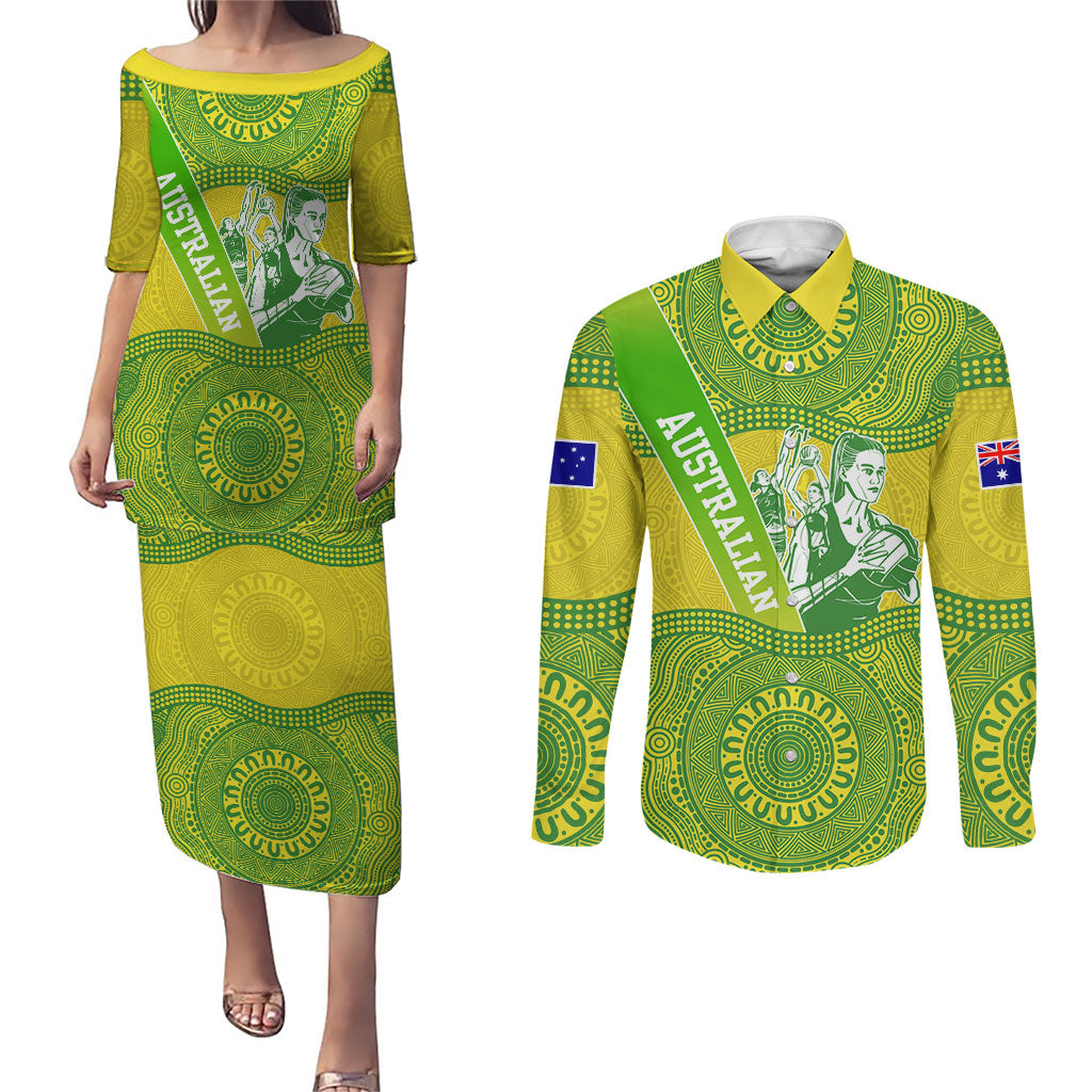 Australian Diamonds Netball Couples Matching Puletasi and Long Sleeve Button Shirt Indigenous Aboriginal Art Style Dot Pattern Graphics
