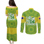 Australian Diamonds Netball Couples Matching Puletasi and Long Sleeve Button Shirt Indigenous Aboriginal Art Style Dot Pattern Graphics