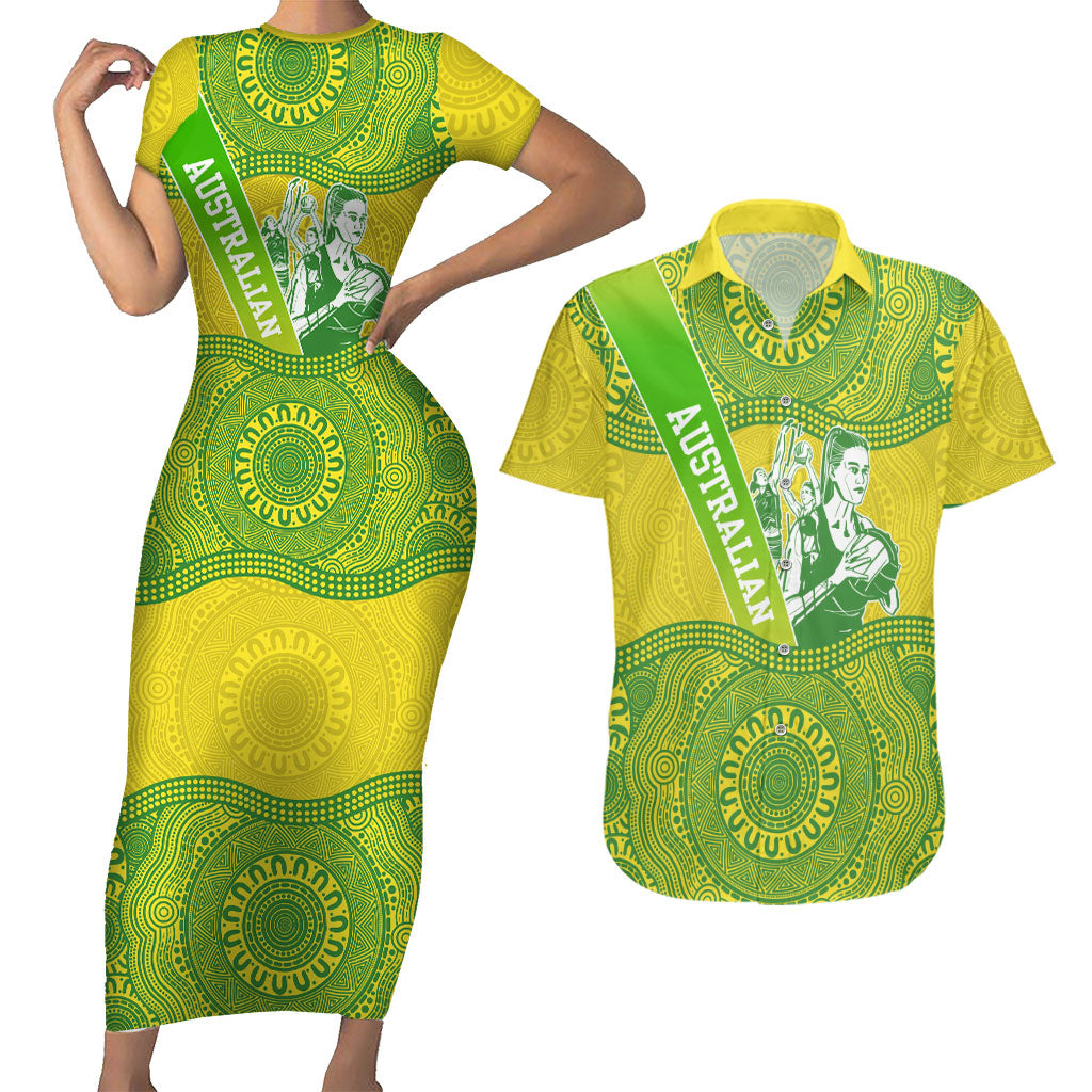 Australian Diamonds Netball Couples Matching Short Sleeve Bodycon Dress and Hawaiian Shirt Indigenous Aboriginal Art Style Dot Pattern Graphics
