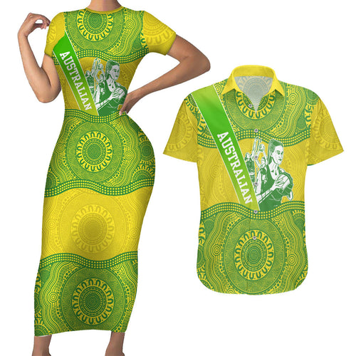 Australian Diamonds Netball Couples Matching Short Sleeve Bodycon Dress and Hawaiian Shirt Indigenous Aboriginal Art Style Dot Pattern Graphics