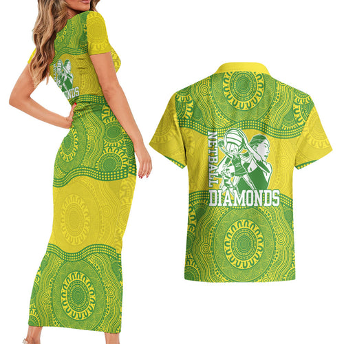 Australian Diamonds Netball Couples Matching Short Sleeve Bodycon Dress and Hawaiian Shirt Indigenous Aboriginal Art Style Dot Pattern Graphics