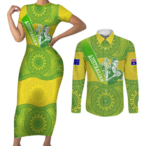 Australian Diamonds Netball Couples Matching Short Sleeve Bodycon Dress and Long Sleeve Button Shirt Indigenous Aboriginal Art Style Dot Pattern Graphics