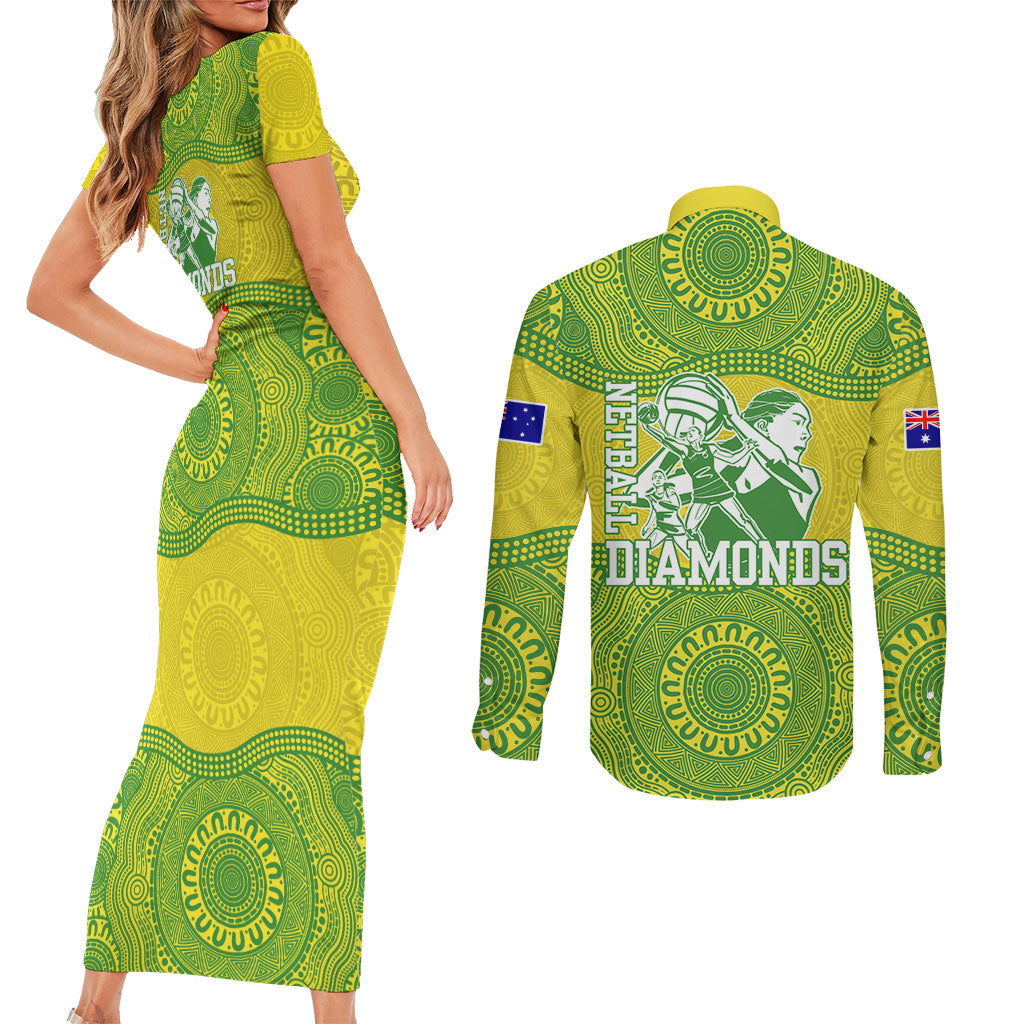 Australian Diamonds Netball Couples Matching Short Sleeve Bodycon Dress and Long Sleeve Button Shirt Indigenous Aboriginal Art Style Dot Pattern Graphics