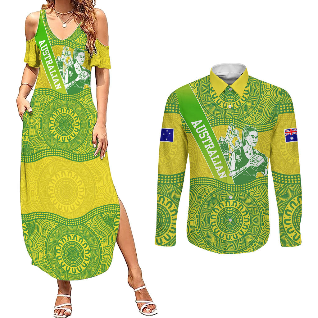 Australian Diamonds Netball Couples Matching Summer Maxi Dress and Long Sleeve Button Shirt Indigenous Aboriginal Art Style Dot Pattern Graphics