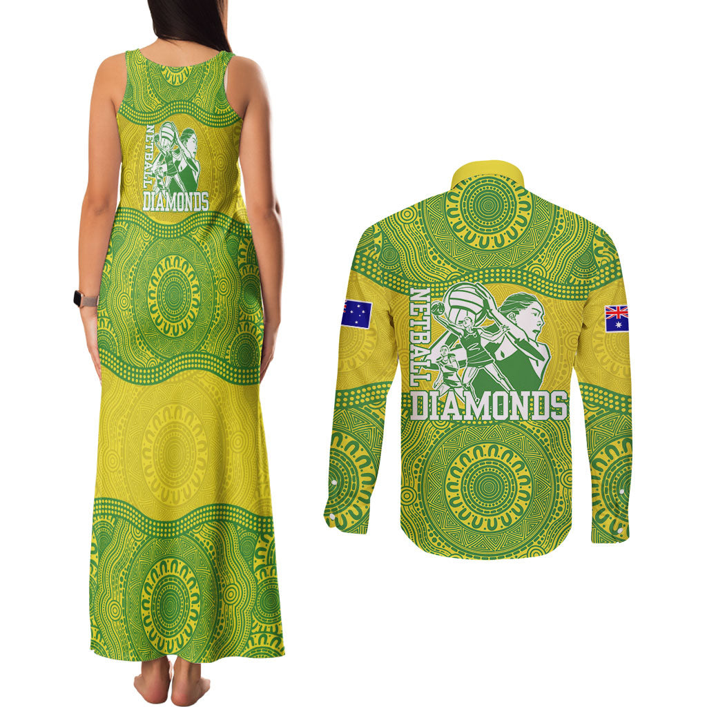 Australian Diamonds Netball Couples Matching Tank Maxi Dress and Long Sleeve Button Shirt Indigenous Aboriginal Art Style Dot Pattern Graphics