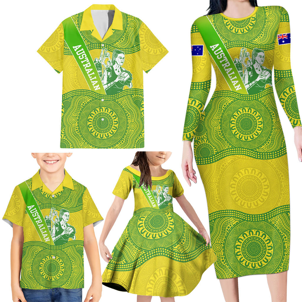 Australian Diamonds Netball Family Matching Long Sleeve Bodycon Dress and Hawaiian Shirt Indigenous Aboriginal Art Style Dot Pattern Graphics