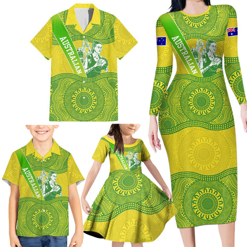 Australian Diamonds Netball Family Matching Long Sleeve Bodycon Dress and Hawaiian Shirt Indigenous Aboriginal Art Style Dot Pattern Graphics