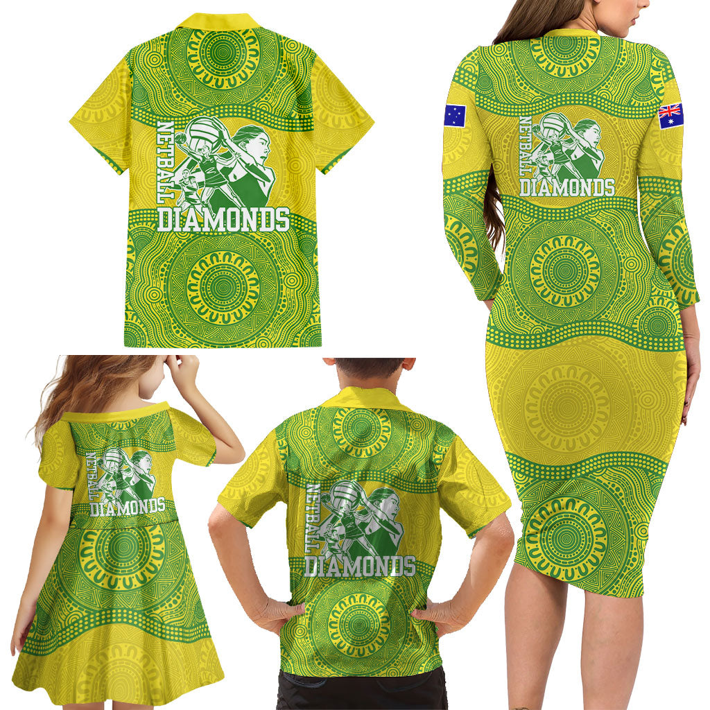 Australian Diamonds Netball Family Matching Long Sleeve Bodycon Dress and Hawaiian Shirt Indigenous Aboriginal Art Style Dot Pattern Graphics