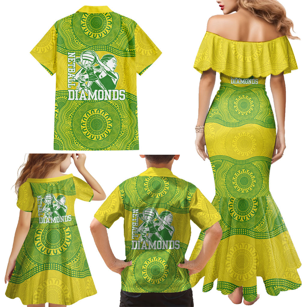Australian Diamonds Netball Family Matching Mermaid Dress and Hawaiian Shirt Indigenous Aboriginal Art Style Dot Pattern Graphics
