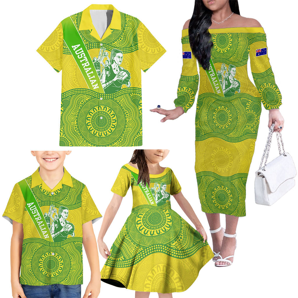 Australian Diamonds Netball Family Matching Off The Shoulder Long Sleeve Dress and Hawaiian Shirt Indigenous Aboriginal Art Style Dot Pattern Graphics